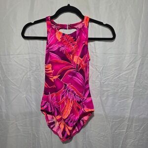 Beach Native Womens Tropical Floral High Neck One Piece Swimsuit Pink Orange 10